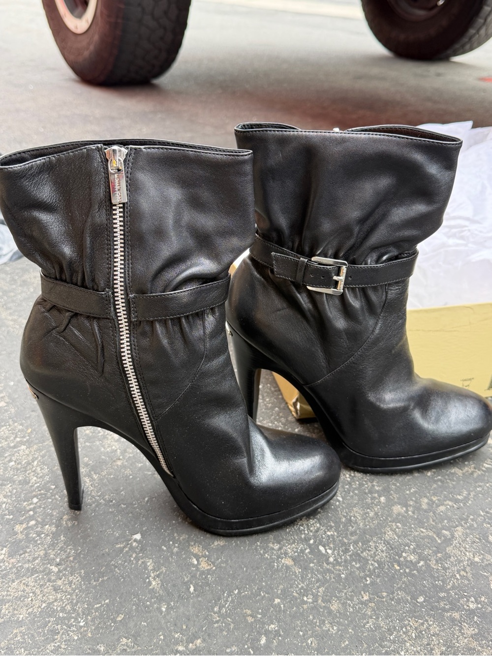 Michael Kors Black Leather High-Heel Ankle Boots with Zipper & Buckle